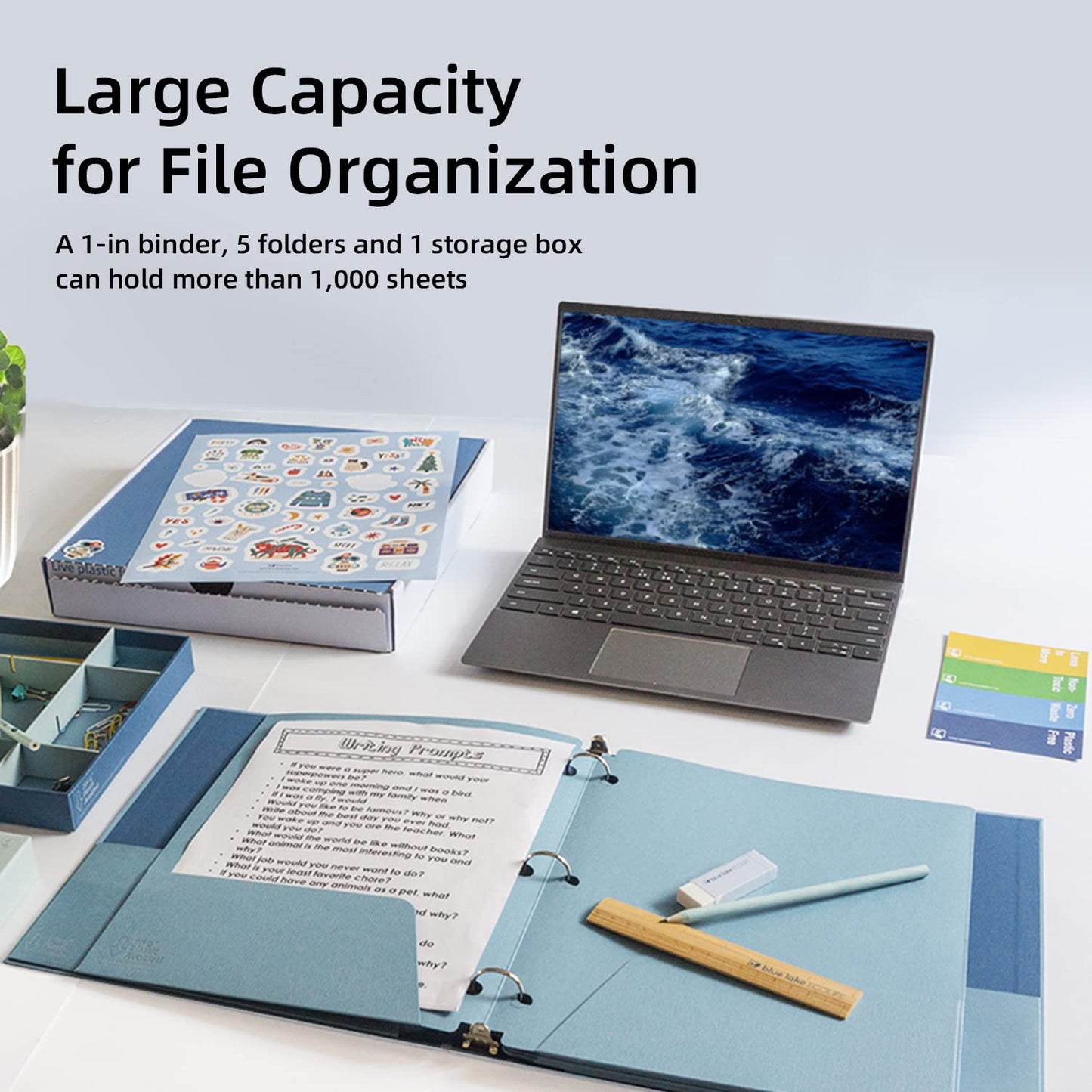 Blue Lake 3-Ring Binder School Offiice Supplies Kit Bundle Plastic Free 22 Piece Binder, Folders, Pencils, Pencil Box Organizer Tray, Gifts for K-12, College Students, and Office