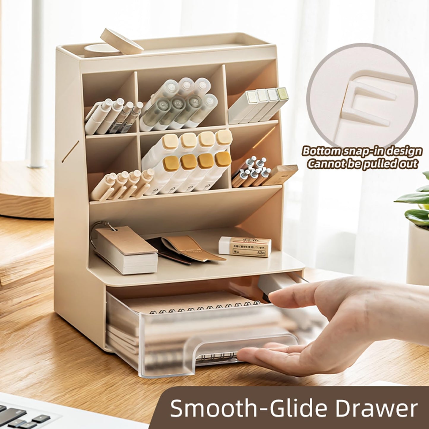 TNDCKP Large Plastic Pen holder with drawer and Vertical 6-Compartment, Dual-Purpose Art Supply Pencil Cup for Office, School, Home (WHITE)