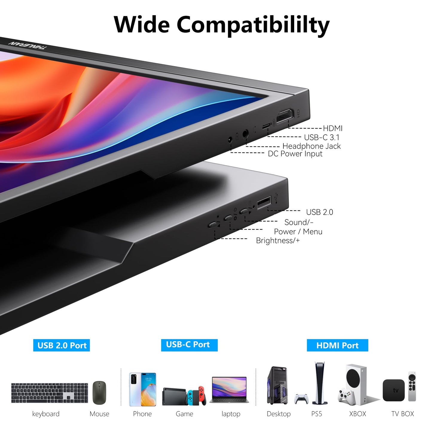 Thinlerian 17.3 Inch Portable Monitor 1600x900 HD Resolution with USB-C HDMI Dual Speakers, External Display Second Screen for Laptop PC Phone, Travel, Office