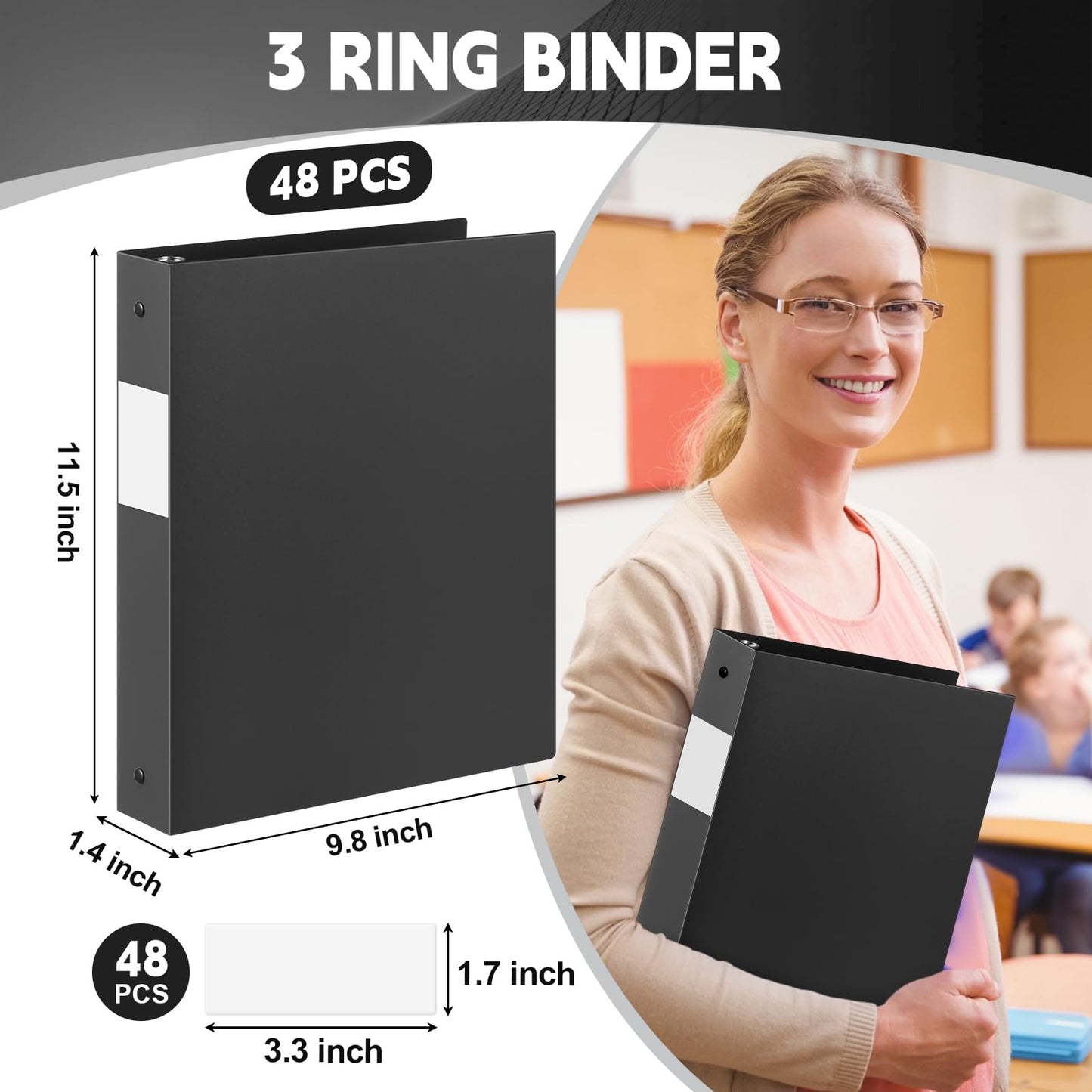 Henoyso 48 Pack 1 Inch 3 Ring Plastic Binders, Bulk Flexible PP Binders for Classroom & School Supplies, Letter Size 8.5 x 11, Holds 240 Sheets with Interior Pocket (Black)