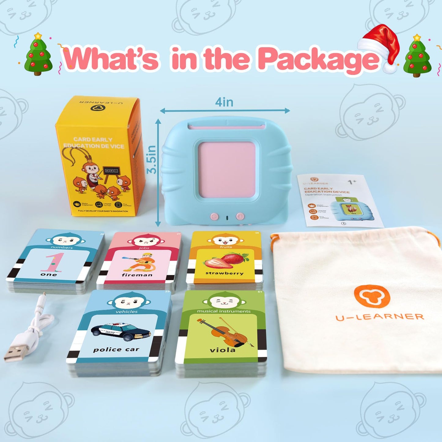 U-LEARNER Talking Flash Cards for Toddler 1 2 3 4 Year Olds, ABC Flash Cards for Toddlers 2-4, Montessor, Autism Sensory, Speech Therapy Toys, Birthday Gift for Boys and Girls, 296 Pro Words Blue