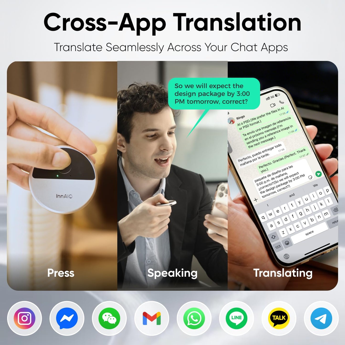 InnAIO T10 AI Language Translator Device, Real-Time Two-Way Voice Translator with GPT Accuracy & Voice Cloning, Pocket Spanish to English Translator for Travel, Business & Video Calls (140+ Languages)