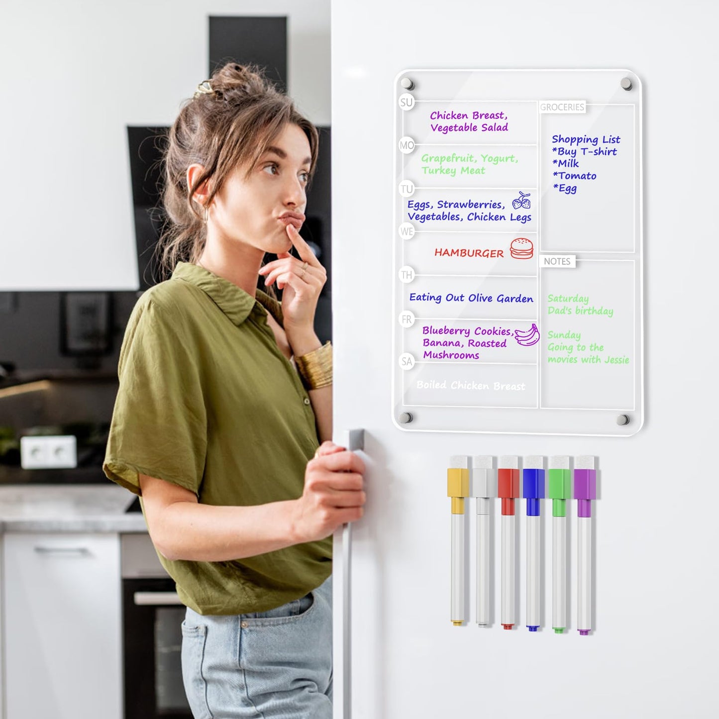 Acrylic Meal Planner Magnetic Menu Board for Kitchen Fridge, 13"x9" Clear Weekly Calendar Planning Board Noteboard Refrigerator Dry Erase Board to Do/Grocery/Shopping Lis Includes 6 Markers