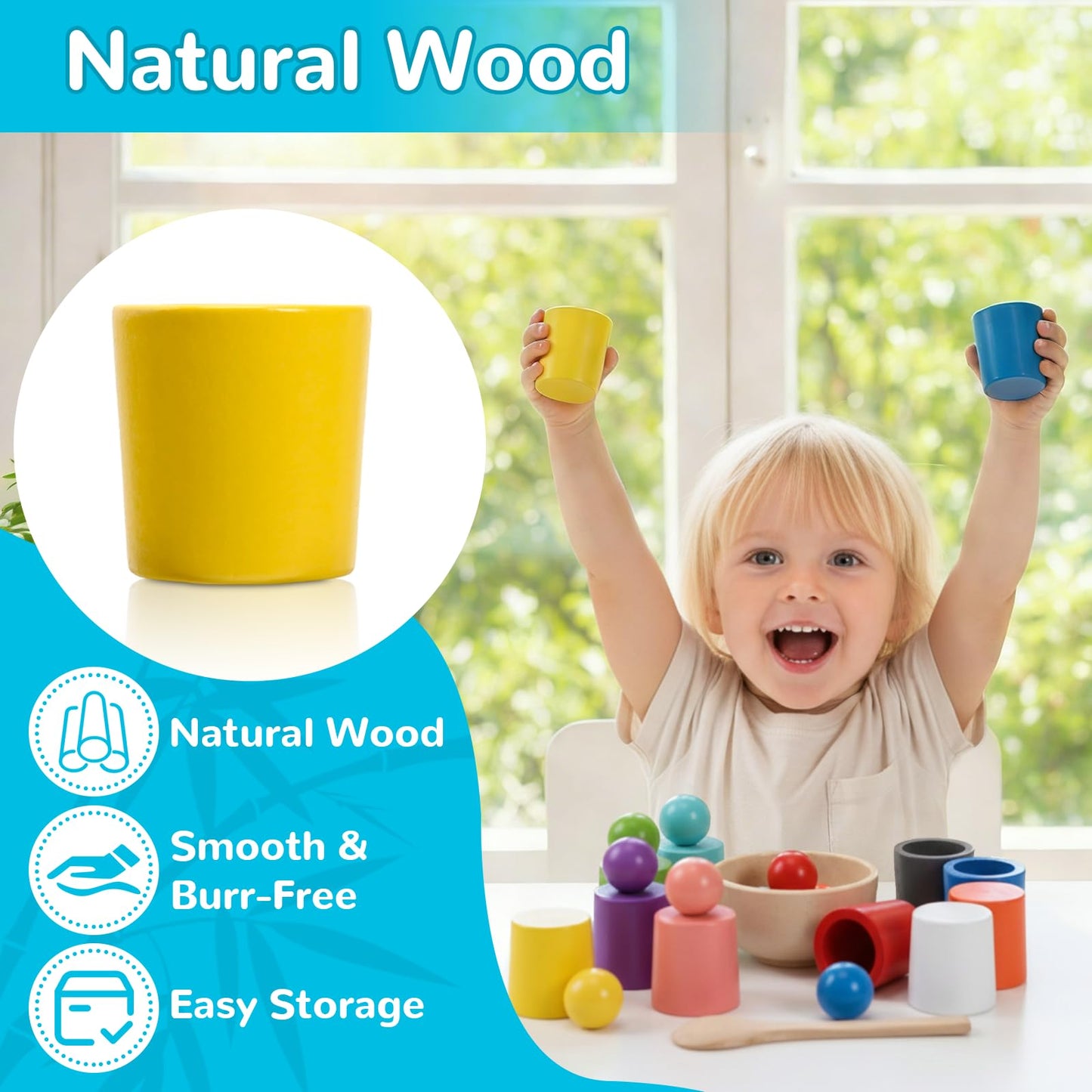 ASFHJP 10 PCS Rainbow Balls in Cups, Mini Wood Classification Cup Game, Rainbow Sorting Balls with Spoon and Tongs, Preschool Learning Educational Montessori Matching Games for 3+ Year Old