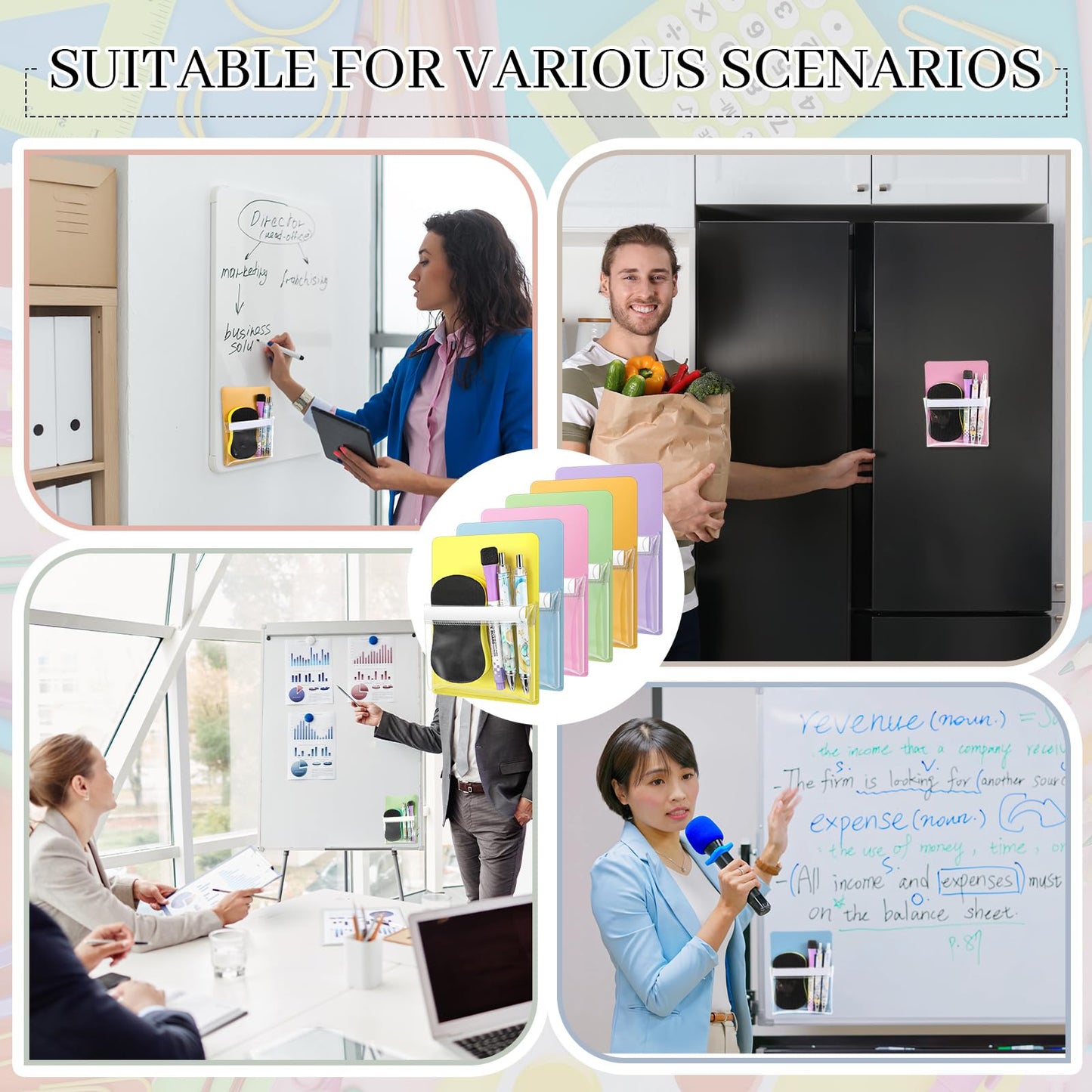 Sherr 6 Pcs 6 Pcs Magnetic Pockets Pen Marker Holders for Classroom Whiteboard 4.7 x 6.5 Magnetic Clear File for Fridge Locker Dry Erase Marker Storage Teacher Supplies (4.7 x 6.5 in,Macaron)