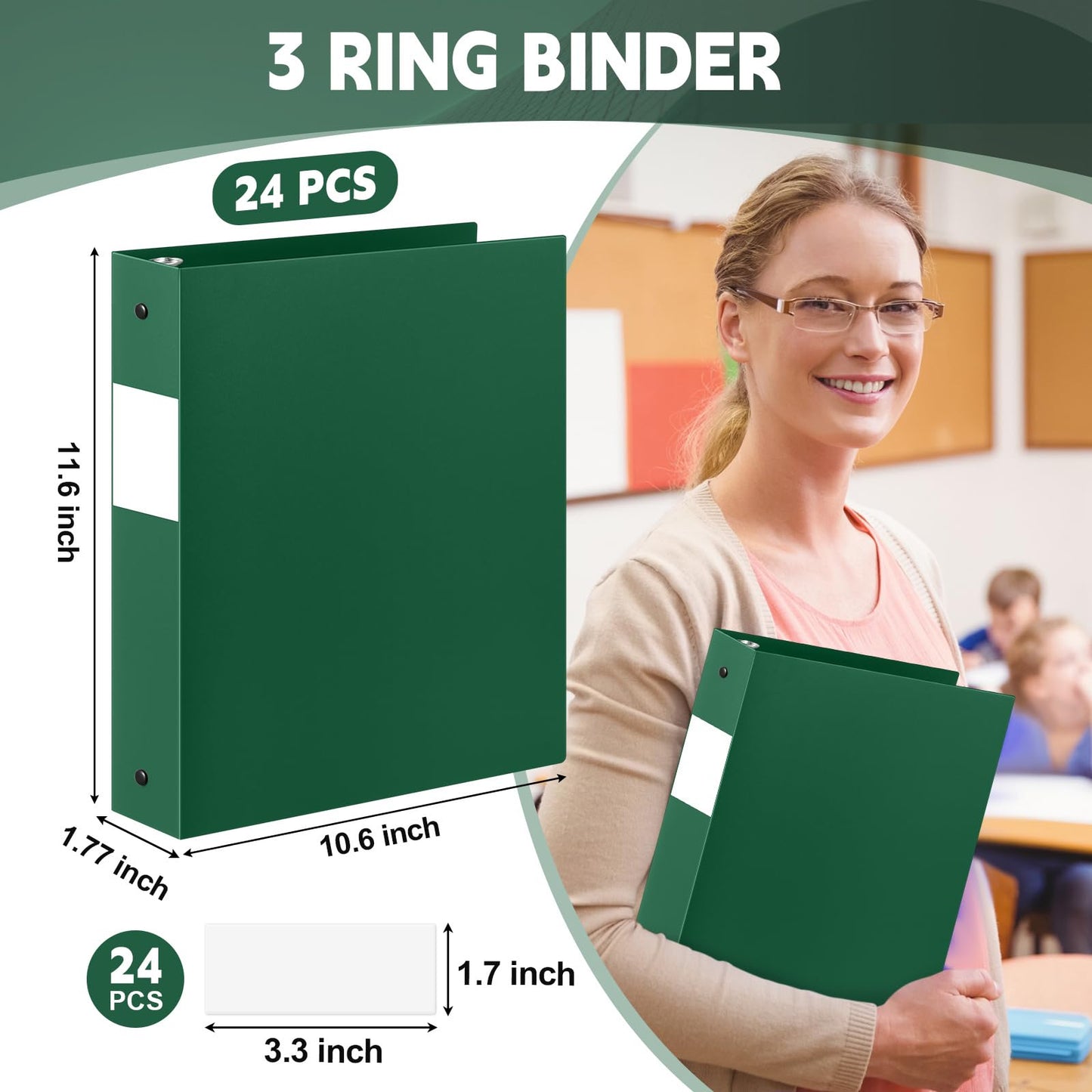 Henoyso 24 Pcs Dark Green 1.5" 3 Ring Plastic Binder Bulk, 1 1/2 Inch Soft Flexible Binders Round Rings, Fits Letter Size 8.5'' x 11'' Paper, Holds 350 Sheets, for School Office (1.5 Inch)