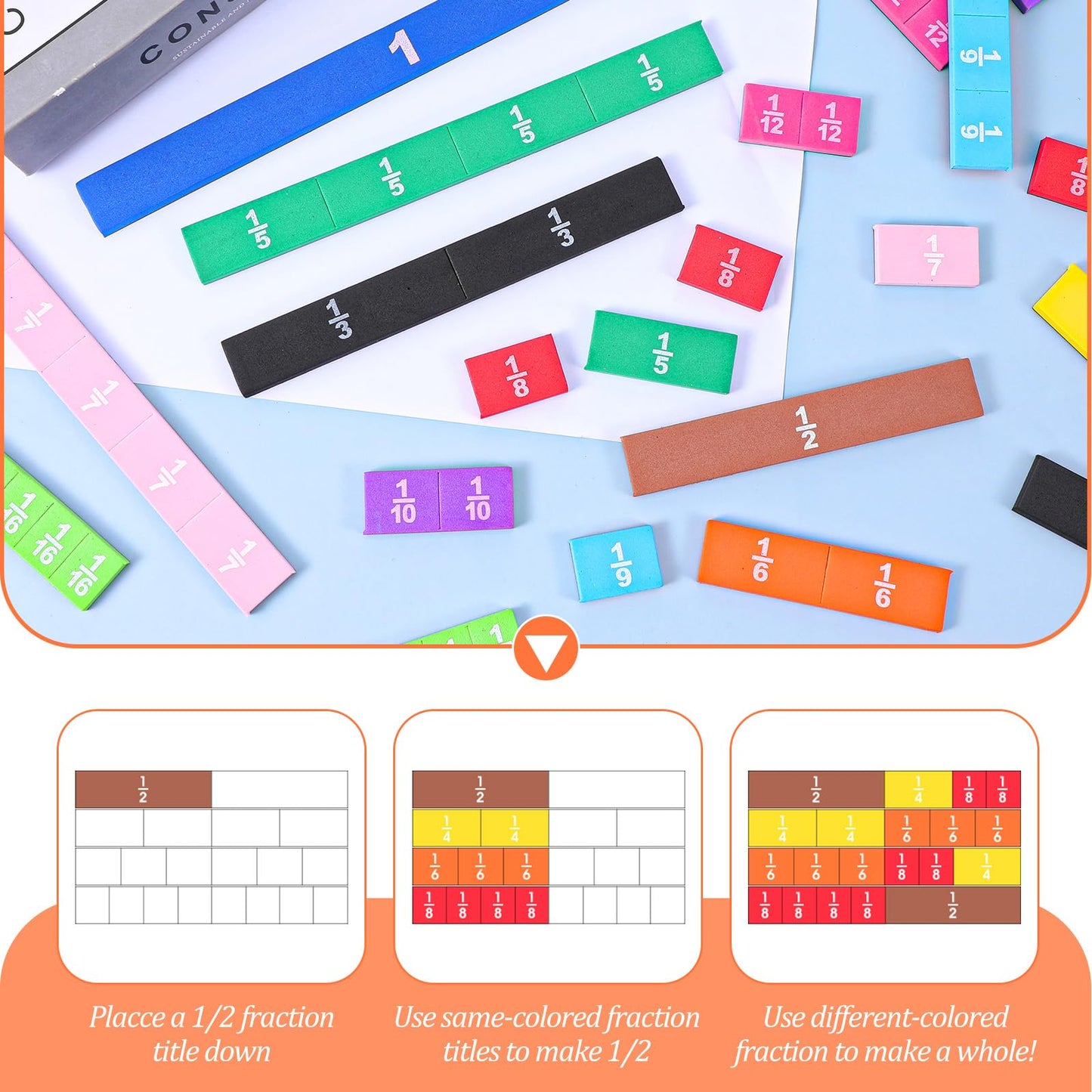 6 Sets Magnetic Fraction Tiles & Fraction Manipulatives for Math Learning - 9.45x9.45x0.12 Inch EVA Foam Algebra Tiles & Fraction Tiles Set with Rainbow Colors, 54 Pieces per Set for Classroom & Home