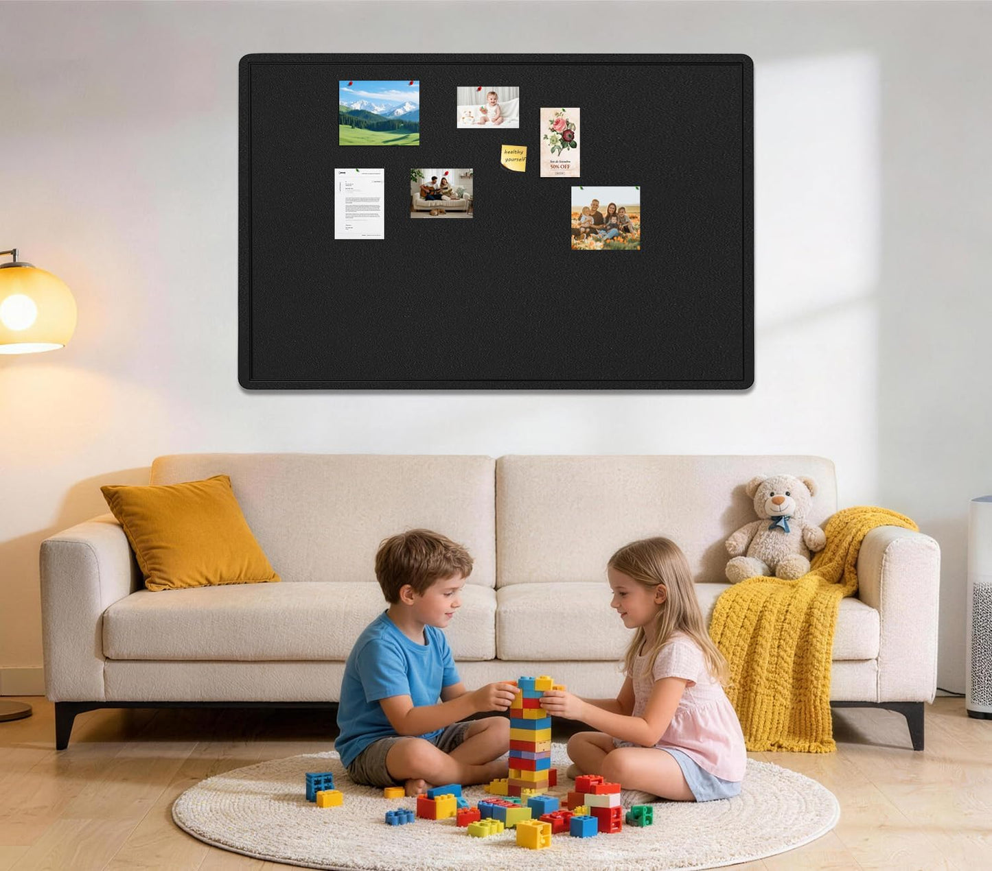 Large Bulletin Board - 60 X 36 inches Cork Board with 30 Pushpin, 5' x 3' Cork Board for Walls Pin Board, Self-Adhesive Felt Board Vision Board Foldable Photo Board for Wall - Black