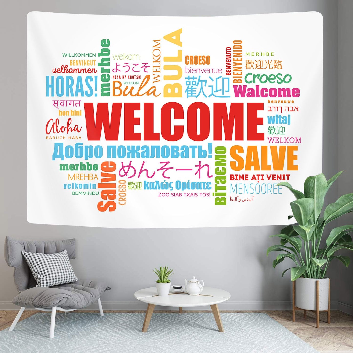 GOAOK Welcome Word in Different Languages Tapestry, Colourful Languages Multilingual Classroom Decor Aesthetic Tapestry Wall Hanging for Student Kids Decor Living Room Bedroom Dorm Playroom 60X40 In
