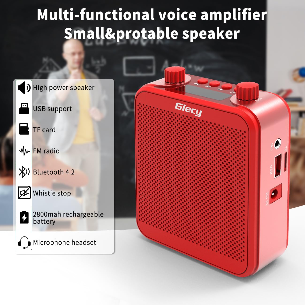 Giecy Voice Amplifier, Giecy 30W 2800mAh Rechargeable Personal Voice Amplifier with Microphone Headset, Portable Speaker for Multiple Locations Classroom, Meetings and Outdoors
