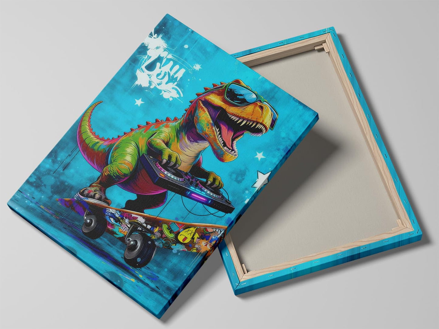 16x24 Graffiti Blue Skateboard T-Rex Dinosaur Canvas Wall Art Prints, Framed Watercolor Animal Pop Cool Painting, Funny Kids & Teen Boy Bedroom Decor, Home Bathroom Living Room Wall Poster Gift