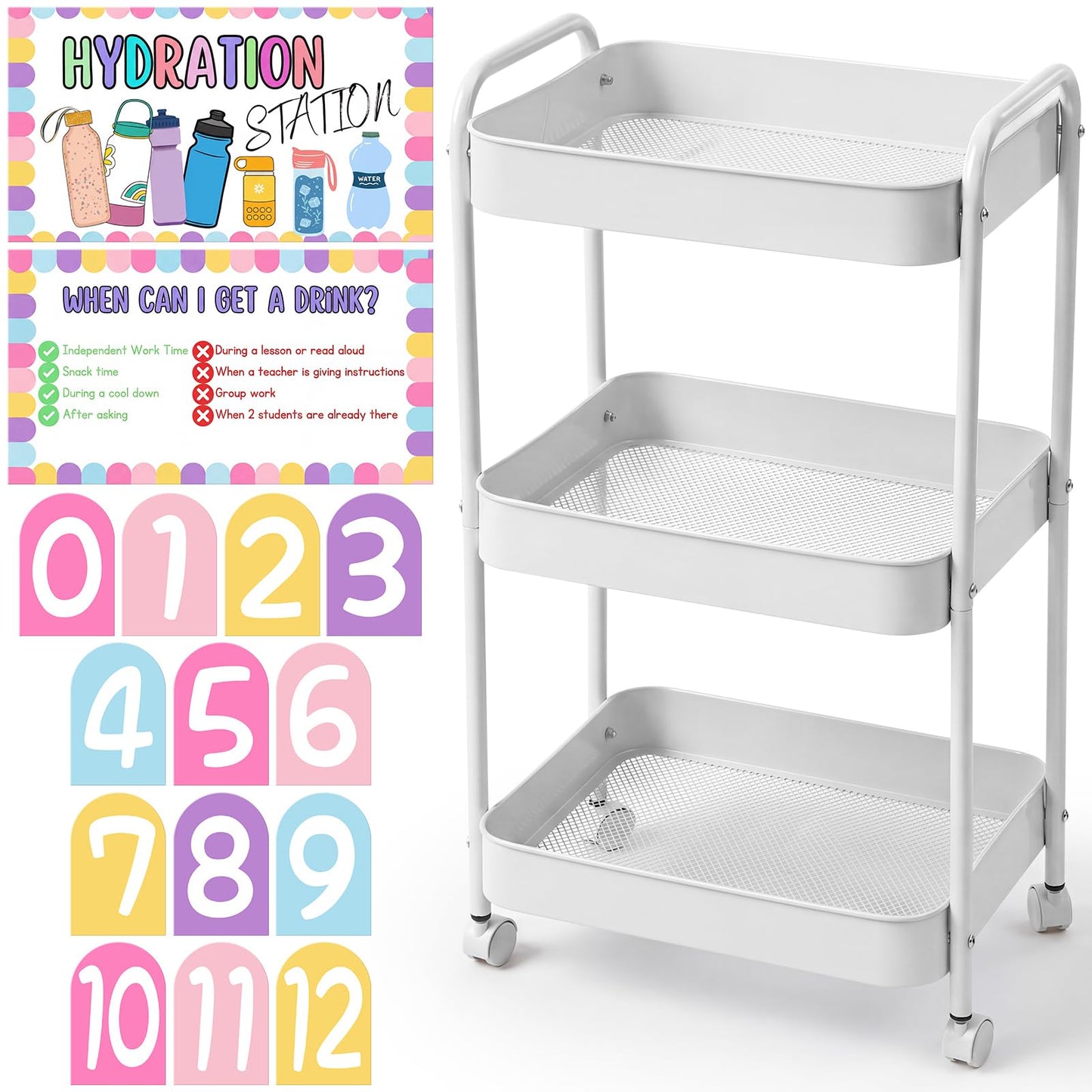 Sieral Hydration Station Classroom Storage Trolley 3-tier Plastic Rolling Water Bottles Storage Car with Handle Hydration Station Sign Stickers Set for Classroom Office Water Bottle Organizer Supplies