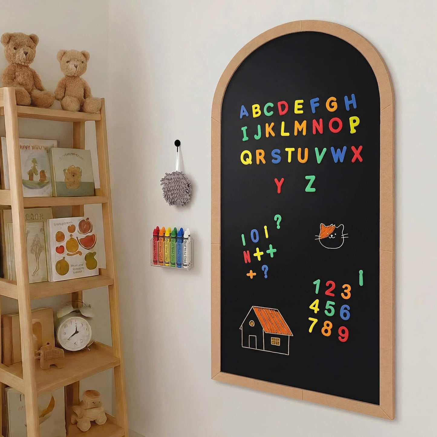 Feifeiya Black Large Magnetic Arch Wall Decal with Wooden Frame 39.3"x17.5" Arch Magnetic Chalkboard Self Adhesive Wall Board Sticker with 36 Magnet Letters Chalk Board Wallpaper Roll