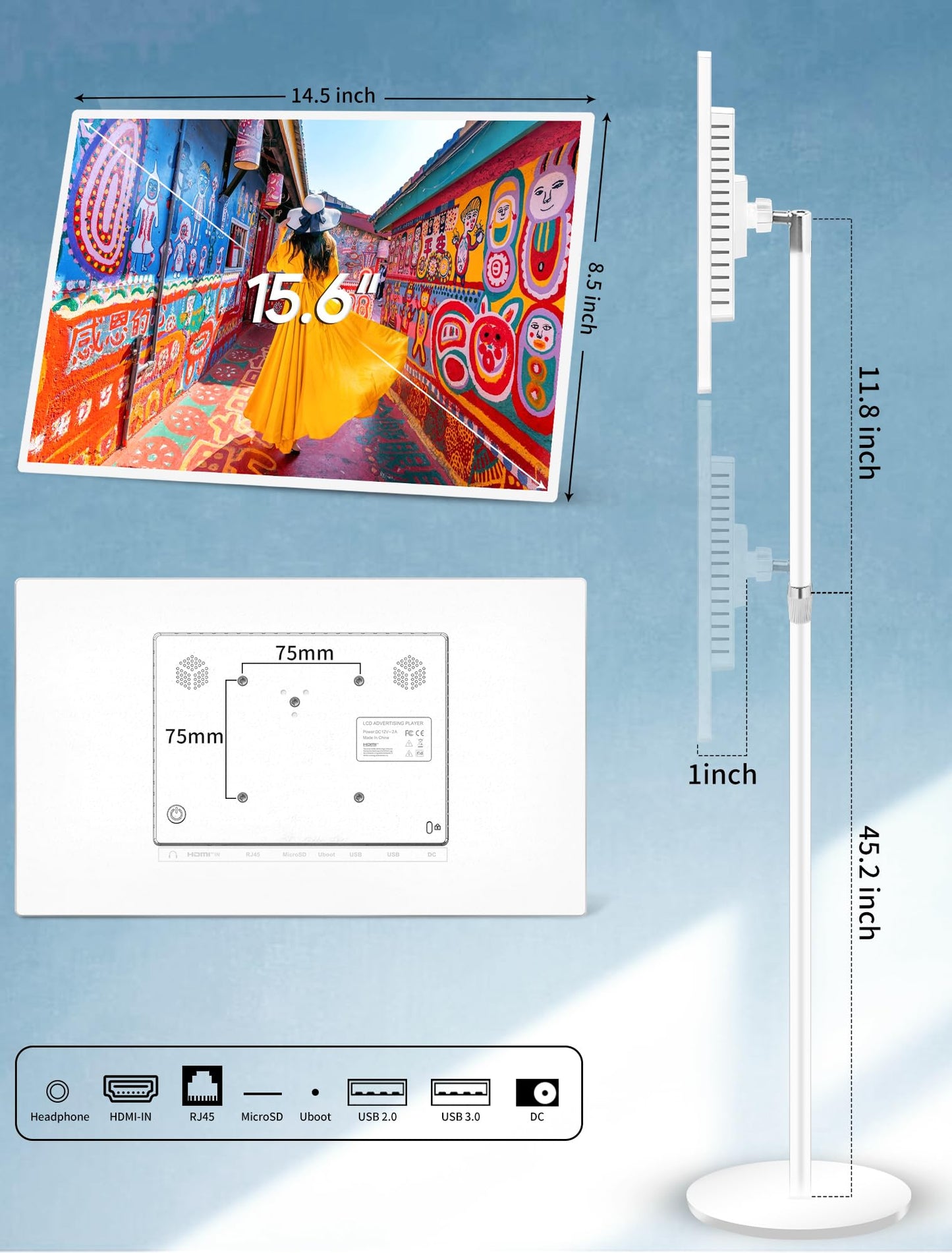 15.6" Digital Signage with 10000mAh Battery, Capacitive Touchscreen Advertising Display, Adjustable Stand, Android 13 Commercial LCD Monitor with Auto Play, Wireless Screen Mirroring, 2+32GB, White