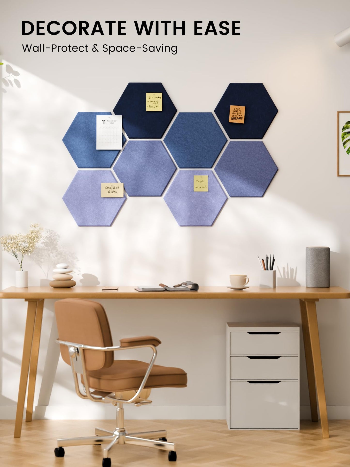 Fluxynara Hexagon Cork Board Alternative for Walls Decor-8-Pack Felt Bulletin Board Tiles,with 30 Pushpins,50 Adhesive Tabs for Office,Classrooms & Home Pin Board Felt Board-Denim Mist