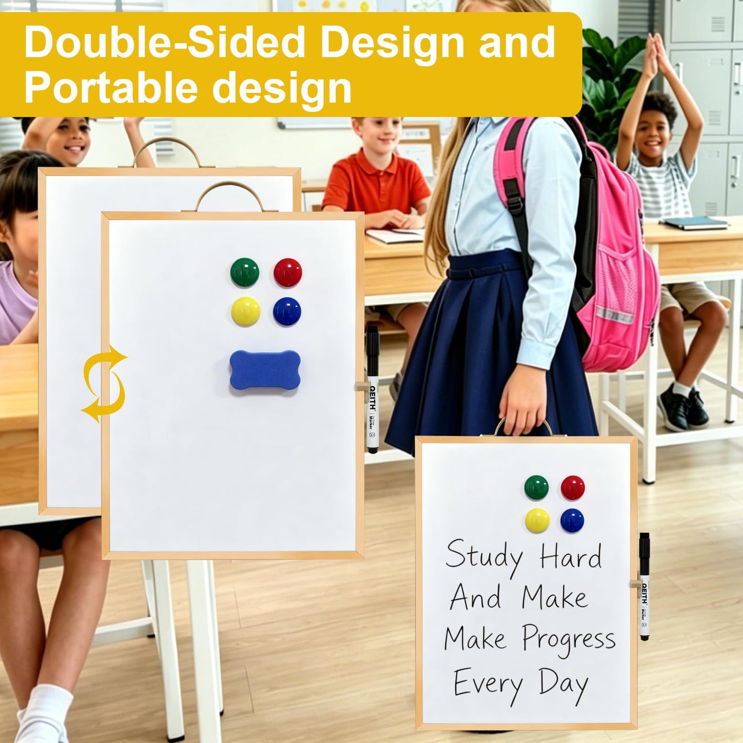 Small White Board,16"X12"Portable Aluminum Frame Whiteboard, Magnetic Double Sided Dry Erase Board, with A Handle and Side Pen Clip,for Office, Home,School,Includ 4 Magnets,1 Eraser,1 Marker (Gold)