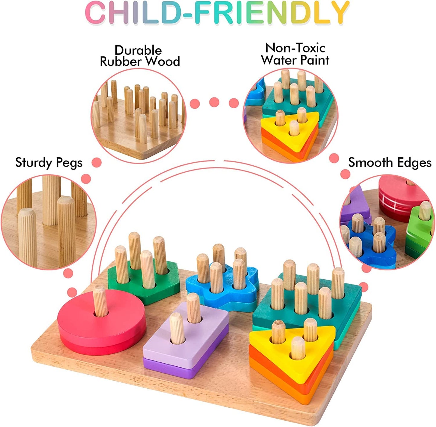HELLOWOOD Wooden Sorting & Stacking Toys, Montessori Toys for 1 2 3 Years Old Toddlers, Shape Sorter Puzzles with 24-Piece Large Geometric Blocks & 12 Word Cards, Gift for 12+ Months Baby Boys Girls