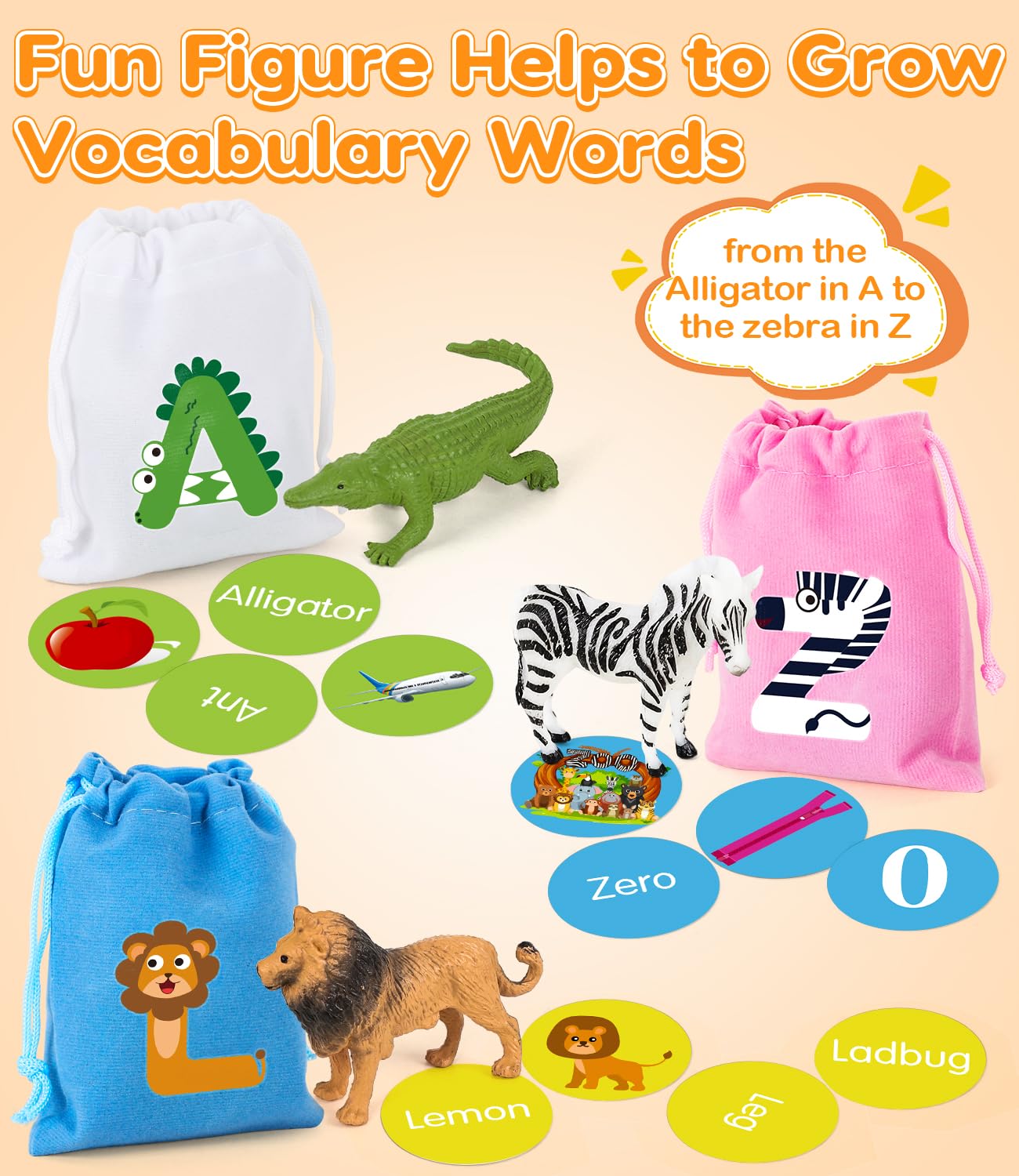 Alphabet Learning Toys for Toddlers, Word Work Small Group Set with 104 Phonics Flash Cards and 26 Animal Figurines, Fun Education Classroom Supplies Alphabet Sounds Teaching Games for Kids