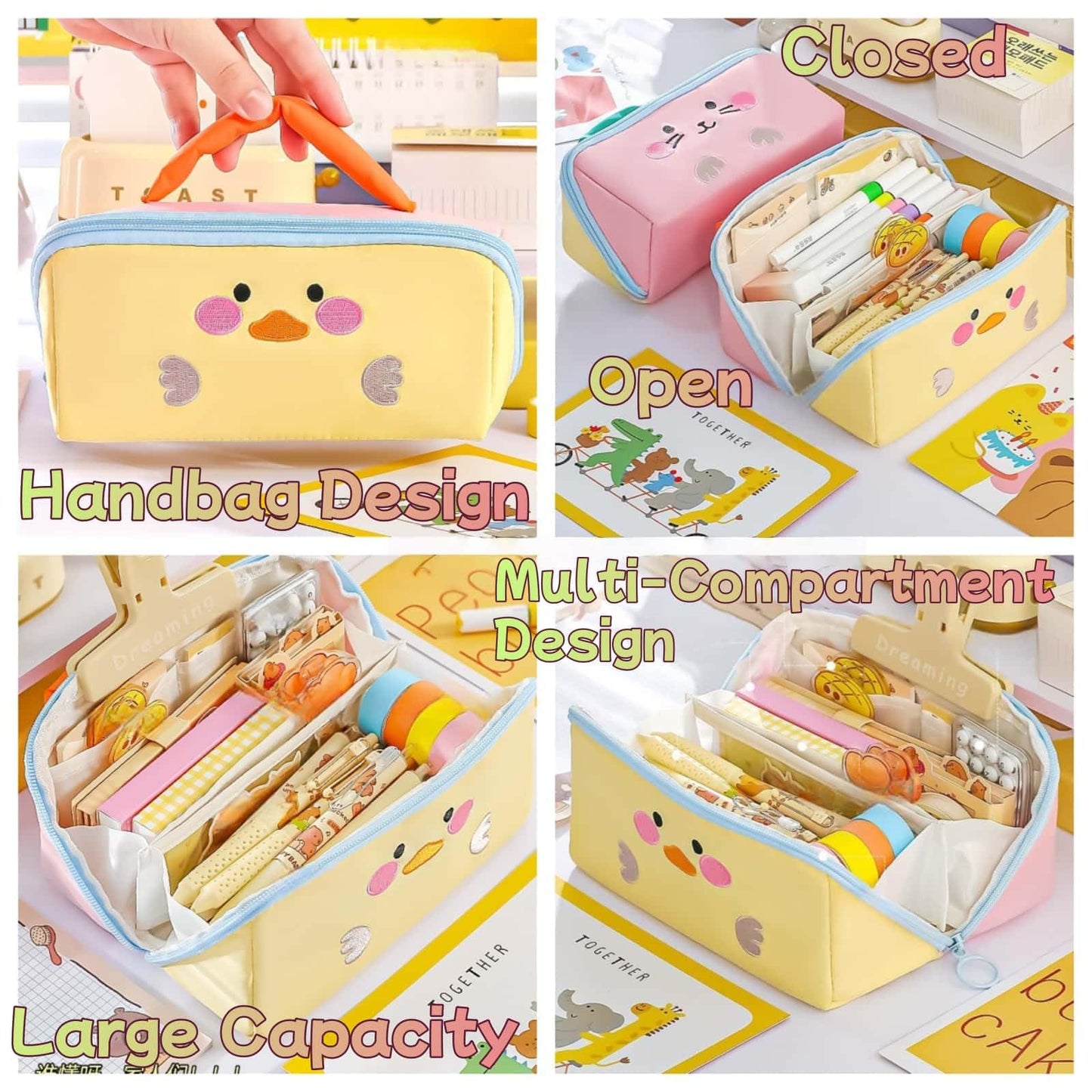 VTYFRY Cute Kawaii Pencil Case Pouch with Handle Cartoon Animal Large Capacity Pen Box Holder Organizer for Office Workspace Supplies Desk Accessories Travel Essentials Trendy Gift (Yellow Duck)