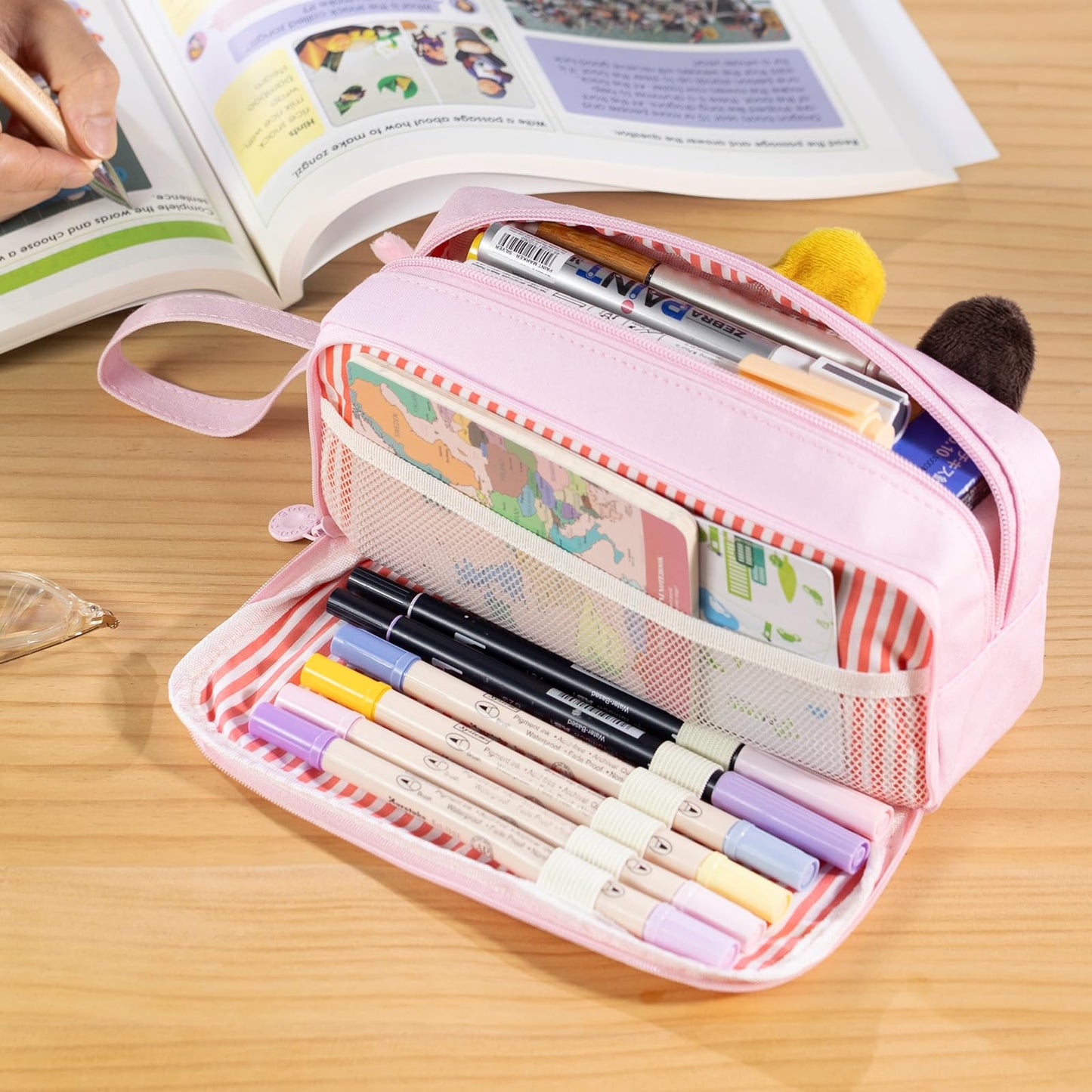 CICIMELON Cartoon Pencil Case, Large Capacity Pen Pouch with Embroidered Animal Design, School Supplies Bag for Kids, Teens, Students (Pink Kitty)