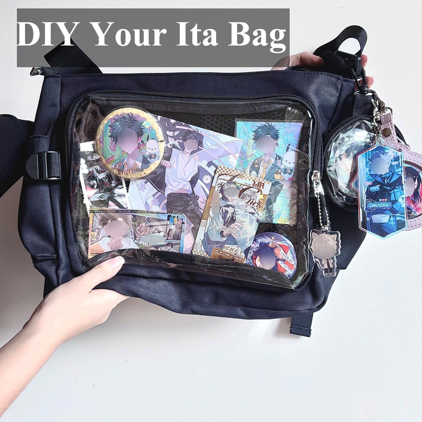 Inshere Ita Crossbody Bag, Nylon Messenger Bag with Clear Display Window and Detachable Pin Display Bag, Kawaii Shoulder Purse with Multiple Pockets, Black