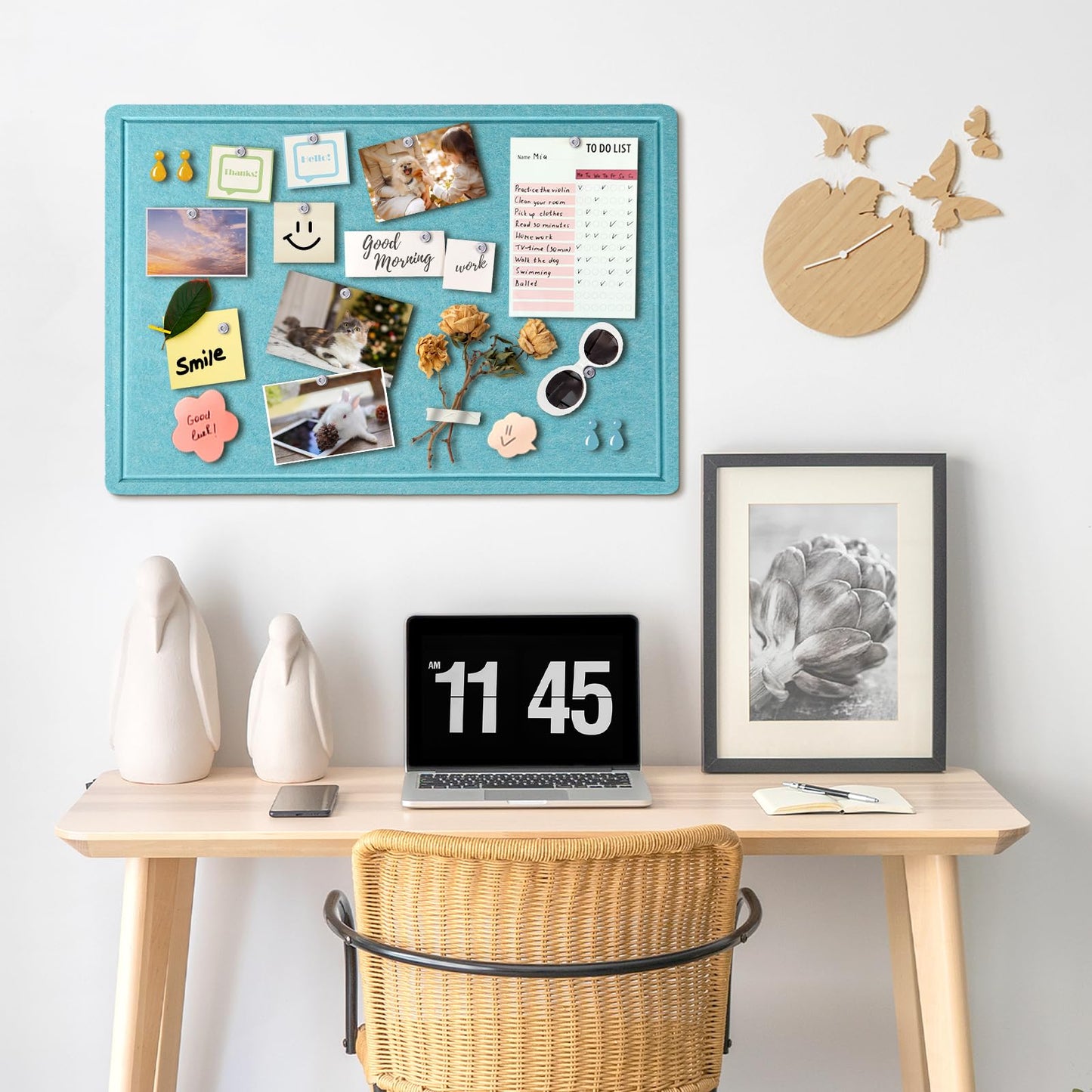 Bulletin Board, 36 x 24 inches Felt Board - Decorative Pin Board, Cork Board Alternative for Wall, 3' x 2' Foldable Picture Board Self-Adhesive Vision Board with 20 Pushpins - Turquoise Blue