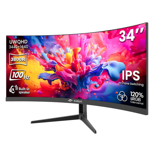 CRUA 34" Ultrawide Curved Monitor, 21:9 UWQHD 3440x1440 100Hz 3800R IPS Computer Monitors with Built-in Speakers, FreeSync, 120% sRGB, 92% DCI-P3, Blue Light Filter, HDMI 2.0 & DP 1.4, Wall Mountable