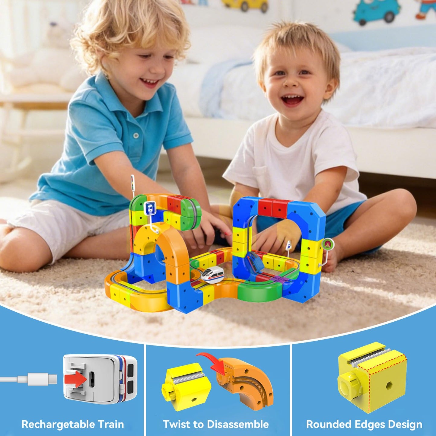 3D Anti-Gravity Electric Train Set for Kids Ages 4-8 - 92 PCS Flexible DIY Race Track Building Toy (60 Track Blocks, 2 Motorized Trains), STEM Educational Birthday Gift for Boys Girls