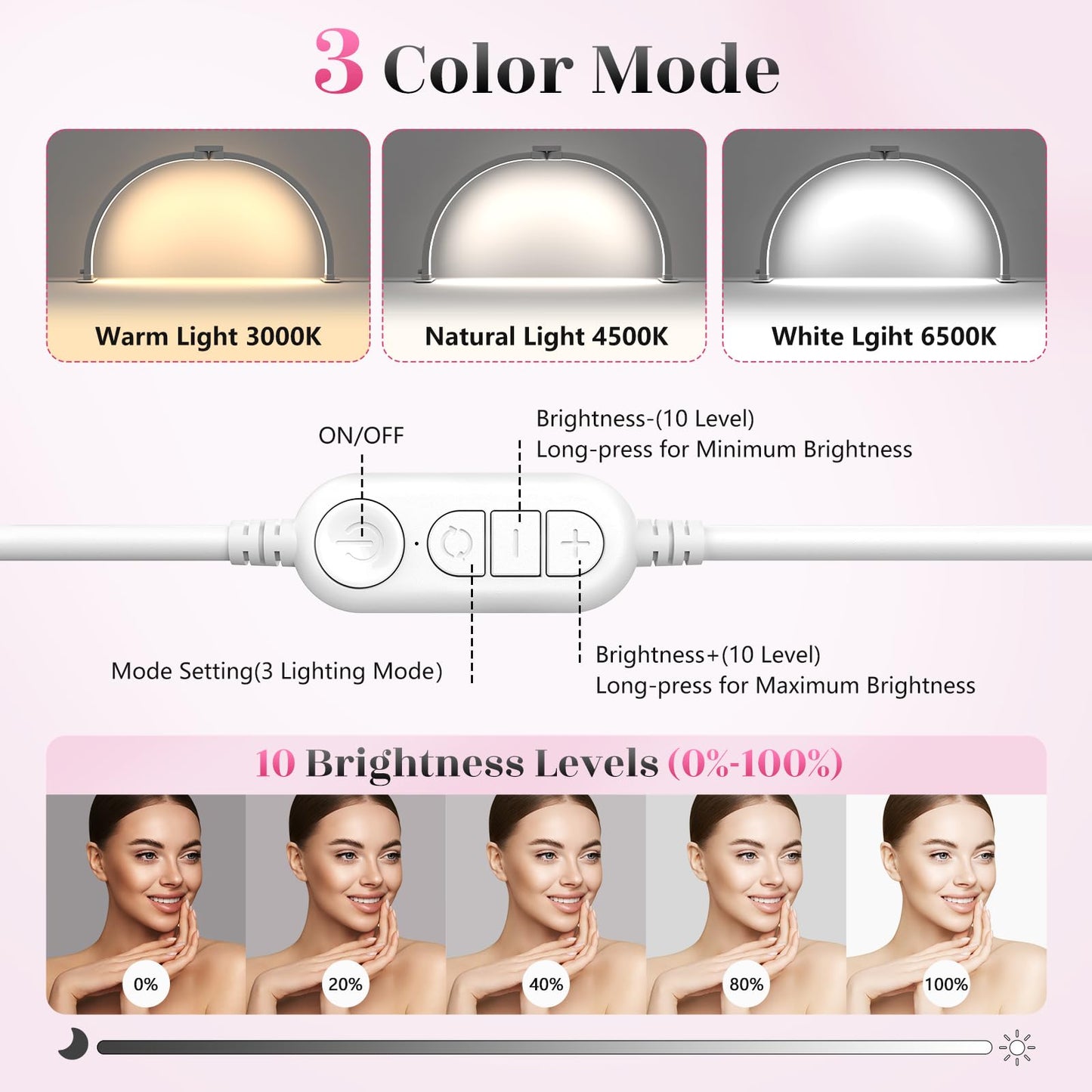 Yokilly Half Moon Nail Desk Lamp with Phone Holder, 23in, Aluminum, 3 Color Modes, 10 Brightness Levels, Small, White