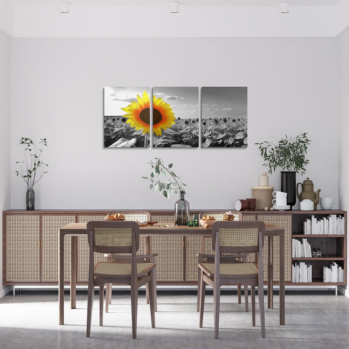 jejeloiu Sunflower Canvas Wall Art for Living Room Bedroom 12"x16"x3pcs Yellow Flowers Picture Wall Decor for Bathroom Black and White Office Decorations Artwork Posters Natural Scenery Painting