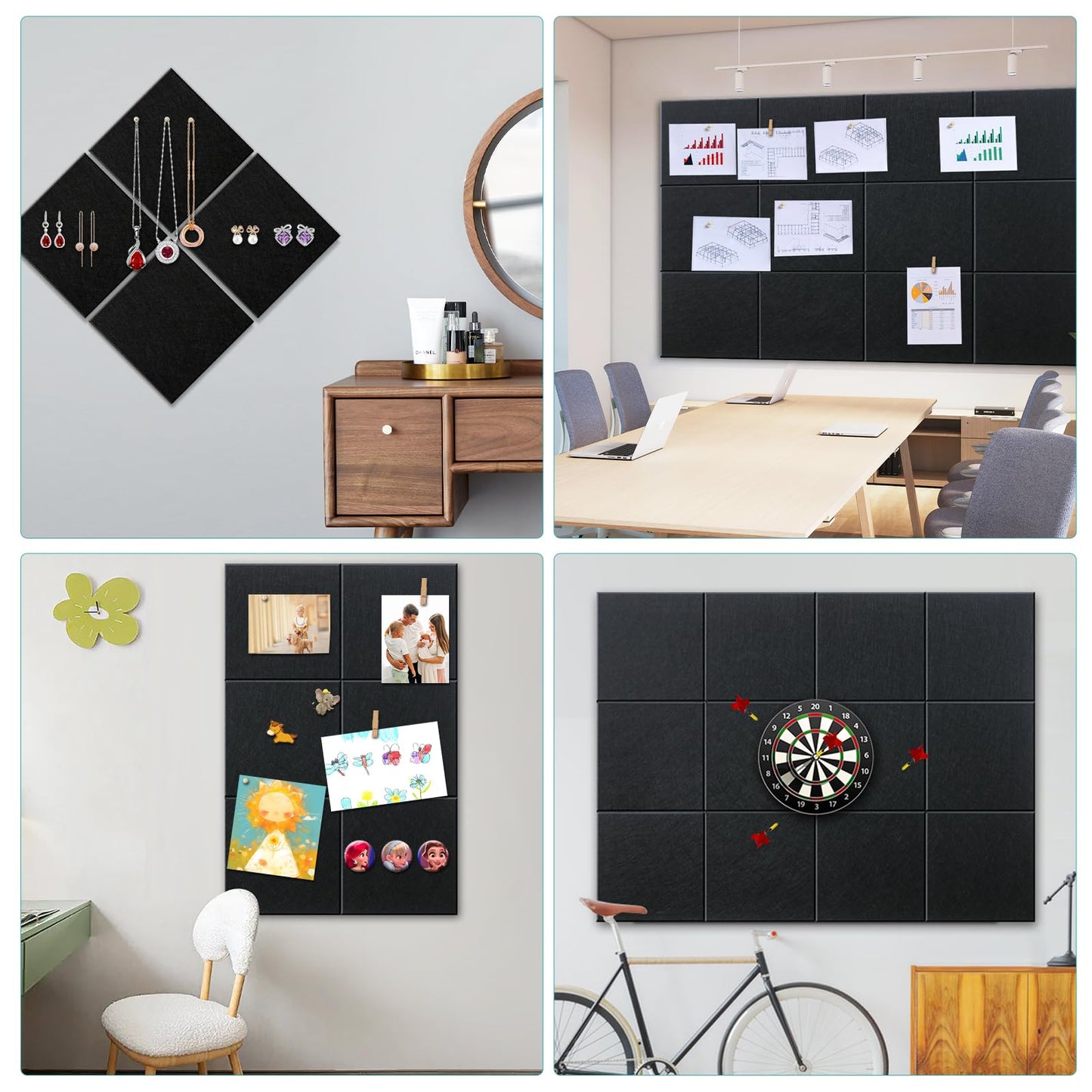 Bounmer Large Cork Bulletin Board - 48" x 36" Cork Board for Walls - 12 Pack Felt Tiles, 60 Removable Safe Adhesive Tabs & 30 Pushpins - for Office, School, Home Decor (Black)