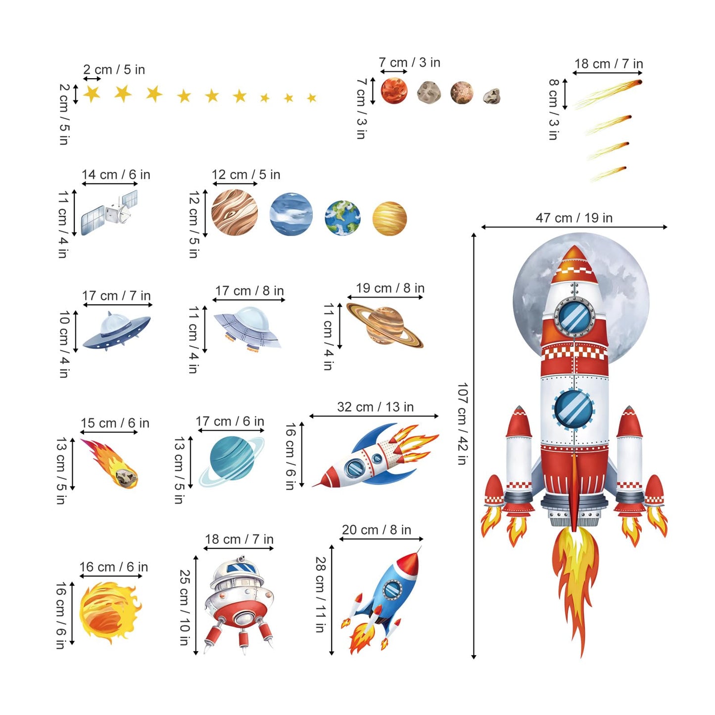 decalmile Outer Space Rockets Wall Decals Planets Stars Solar System Wall Stickers Baby Nursery Boys Bedroom Playroom Wall Decor