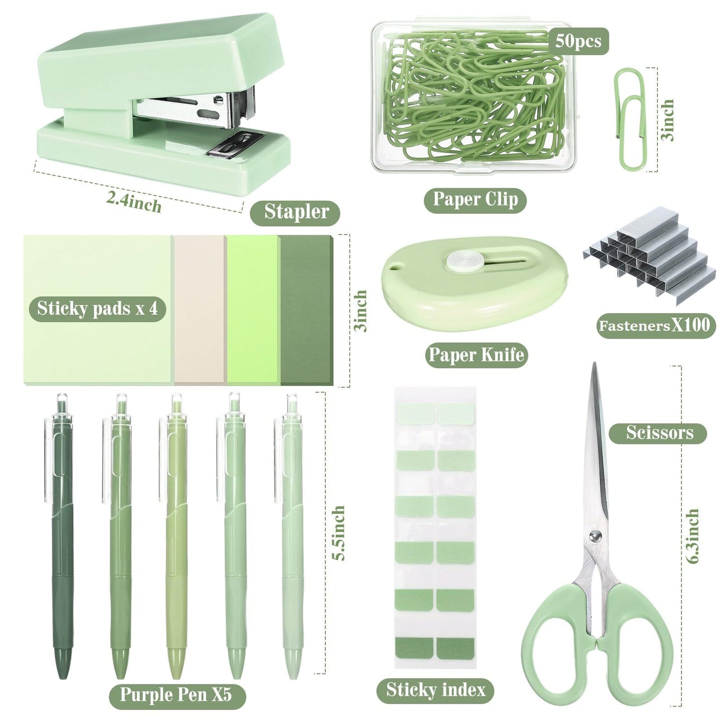 Humyoun Mini Green Office Supplies Kit Green School Supplies Christmas Gift Desk Accessories with Gel Pens Sticky Notes Stapler Scissor Paper Clips Index Tabs Box Cutter for Christmas Gifts Office