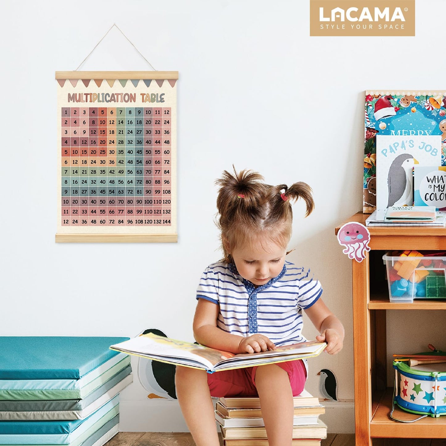 Lacama Boho Multiplication Chart Poster for Kids,Math Multiplication Table for Homeschool Kids's Room Classroom Playroom, Educational Table Banner Poster Hanger Frame for Classroom,