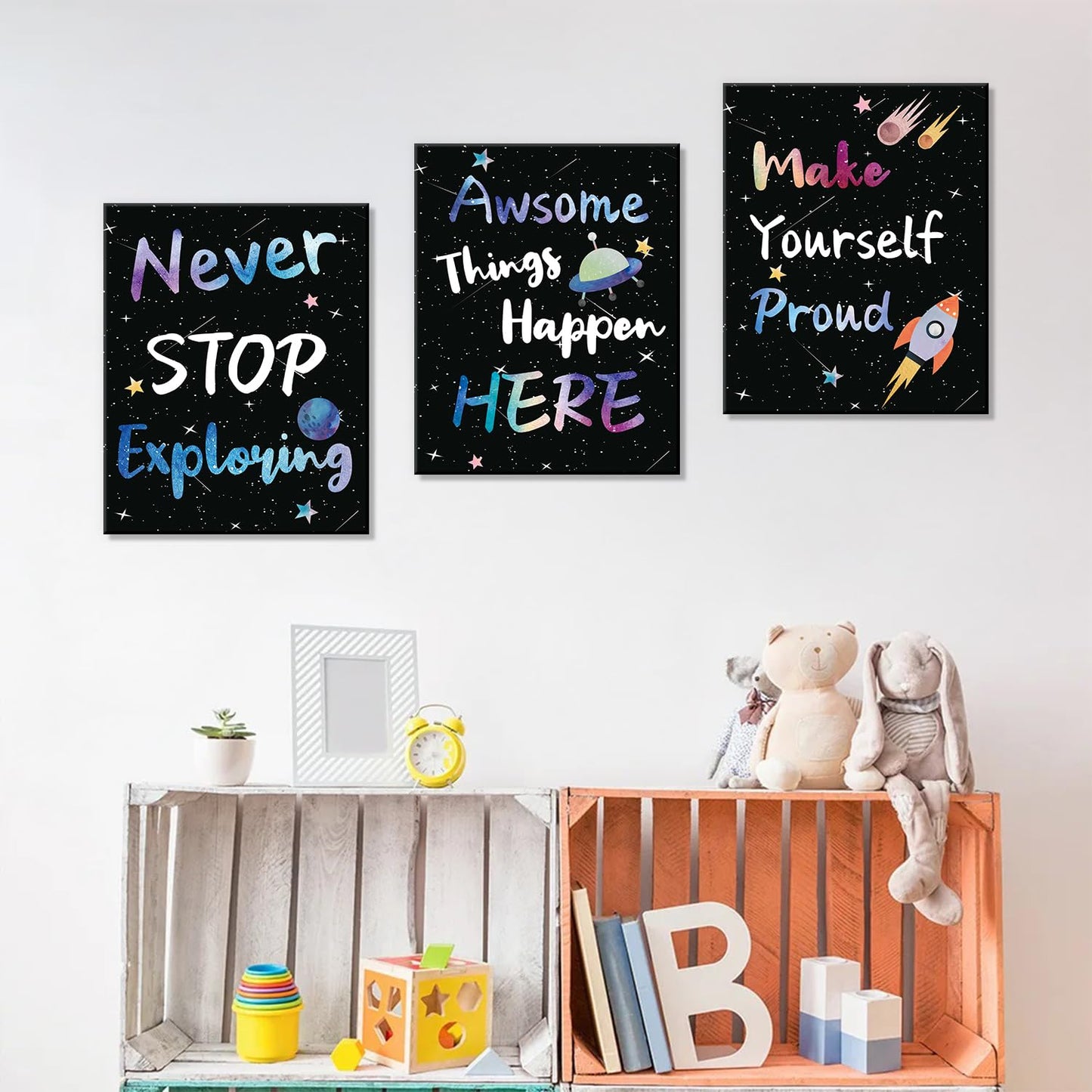 CHDITB Outer Space Framed Canvas Wall Art, Universe Theme Artwork, Inspirational Quote Wall Decor, Stellar Sky Poster, Galaxy Universe Art Prints For Kids Room, Boy Bedroom Classroom Decor(8X10 Inch)