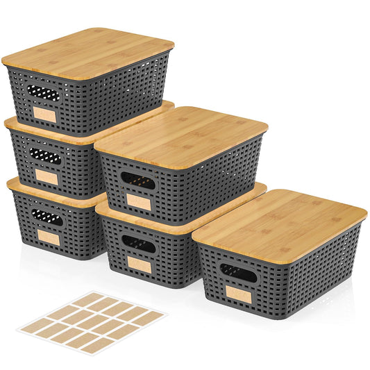 6Pcs Storage Bins with Lids, Stackable Plastic Storage Basket with Bamboo Lid, Pantry Organizer Box Small Containers for Organizing Shelves Drawer Desktop Closet Cabinet Office Classroom 10x7.1x4.1in