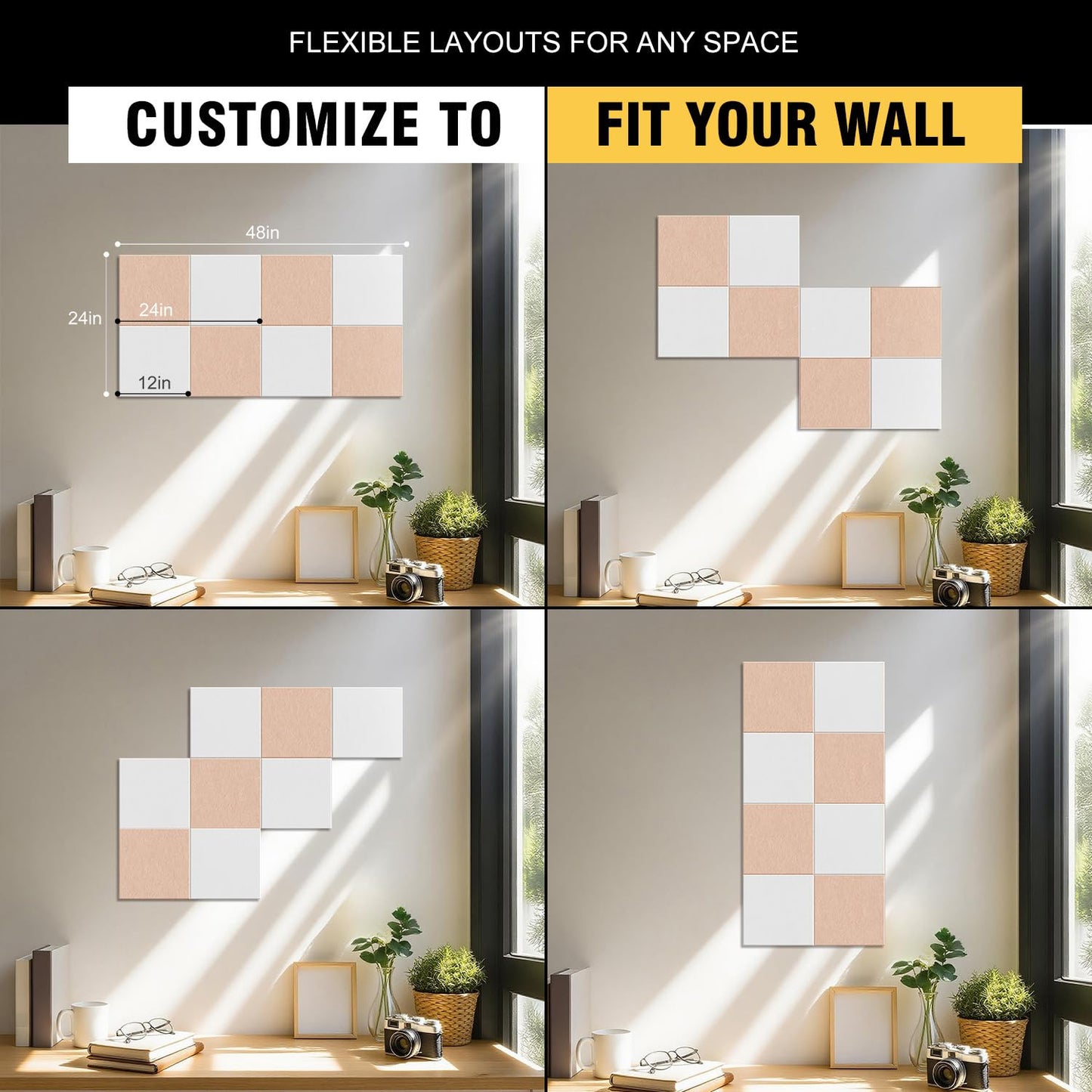 TSJOFFICE Large Cork Board for Wall - 48" x 24" Bulletin Board with 30 Pushpins for Office Decor, Pin Board 8 Pack Felt Tiles with Safe Removable Adhesive Tabs, Corkboard for Home - Cinnamon & White