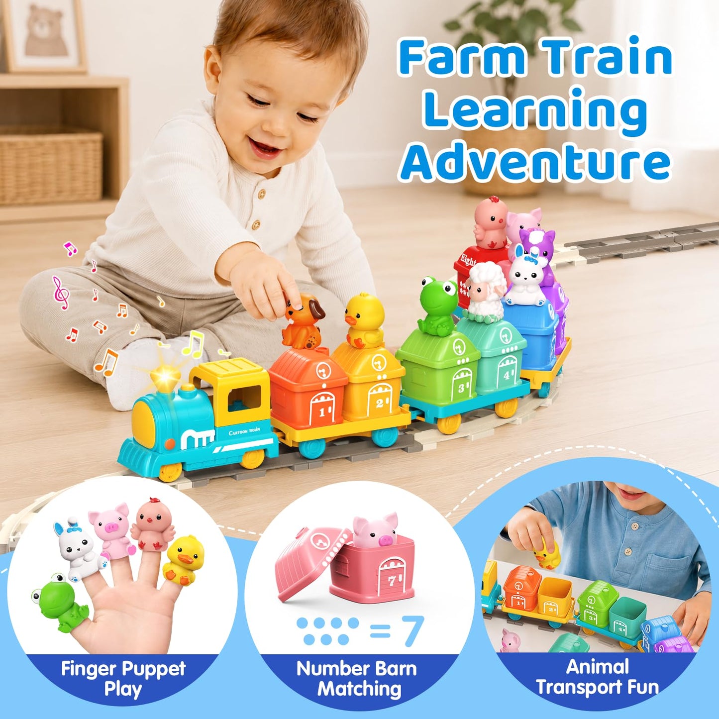 Cmiolacuna Train Set for Toddlers 2-4, Electric Toddler Train Set with Farm Animals, Music & Lights, Montessori Counting & Sorting Learning Toy, Birthday Easter for Boys Girls (Blue/Yellow)