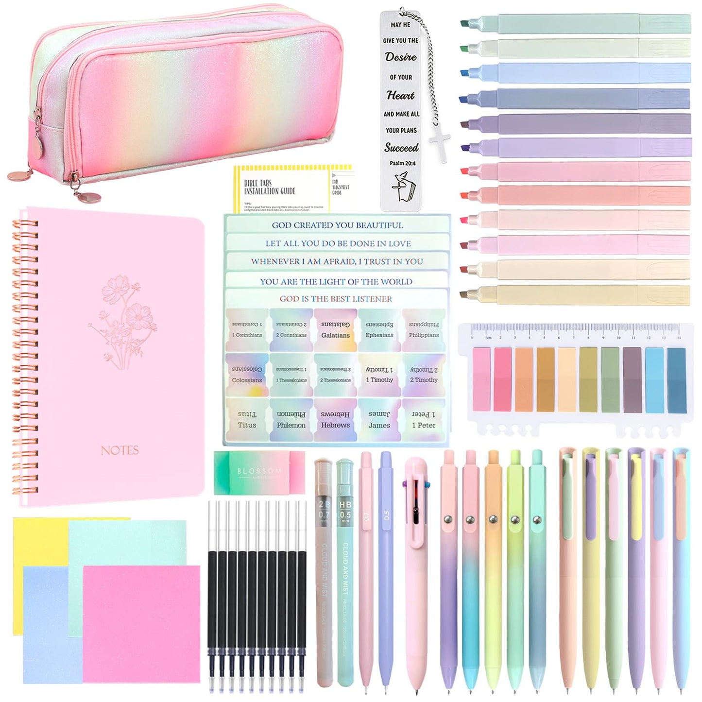 52Pcs Aesthetic Bible Study Supplies,Bible Journaling Kit Note Taking Sets for Women, with Large Rainbow Pencil Pouch, Journal Notebook,No Bleed Highlighters and Pens,Sticky Notes, (Multicolor)