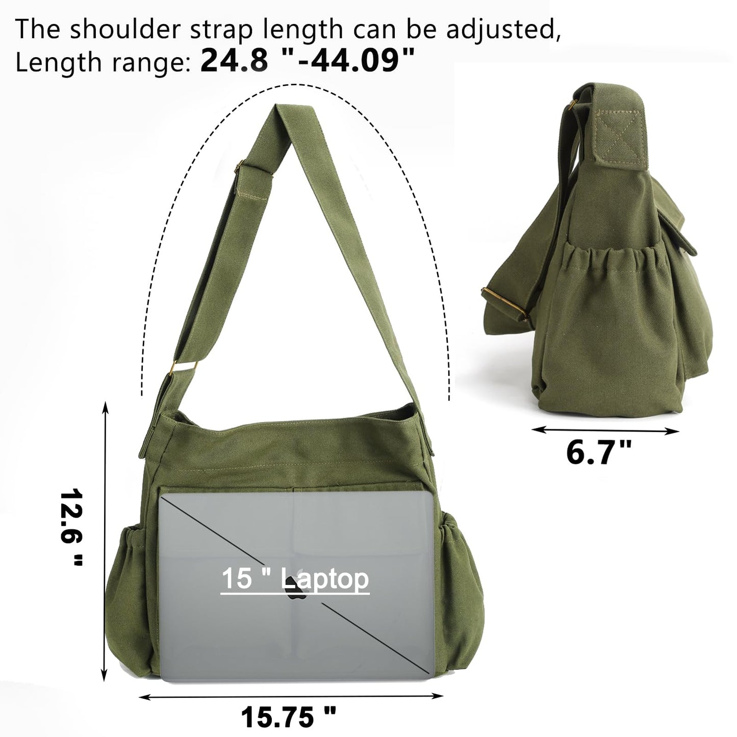 VODIU Canvas Messenger Bag Large Hobo Crossbody bags for Women,Men, Shoulder Tote Handbags with Laptop pocket Green