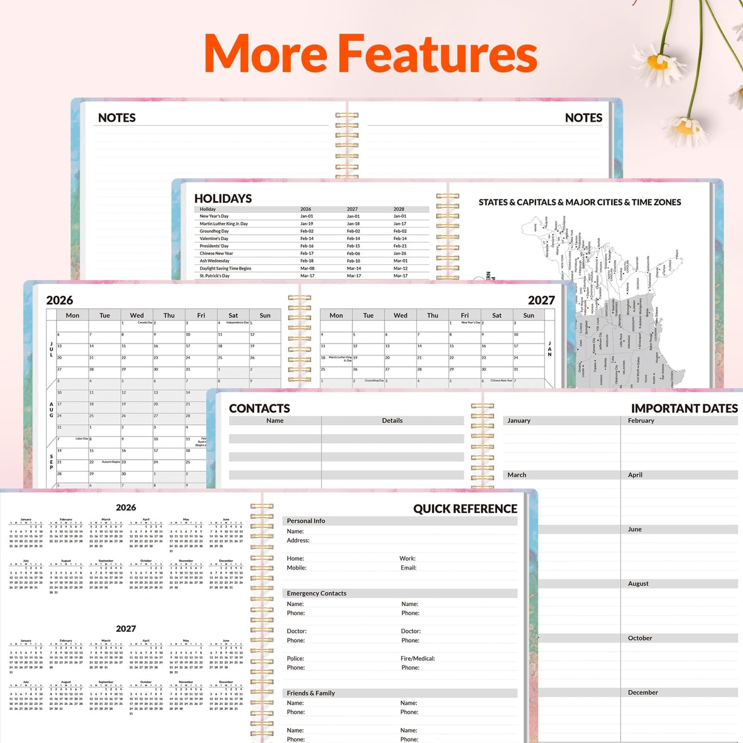 SUNEE Academic Planner 2026-2027 – Weekly & Monthly Planner, July 2026 to June 2027, 8.5"x11", Thick Paper, Tabs, Pockets, Bookmark, Spiral-Bound, Student Teacher Organizer, Marble