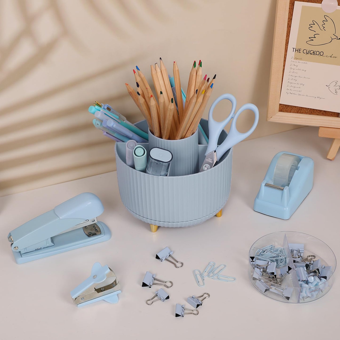 SKYDUE Desk Organizers and Accessories 10Pcs, 360-Degree Rotating Pen Holder, Stapler, Staple Remover, Tape Dispenser,2pcs Tape Refills, Binder Paper Clips Kit, Scissor (Blue)