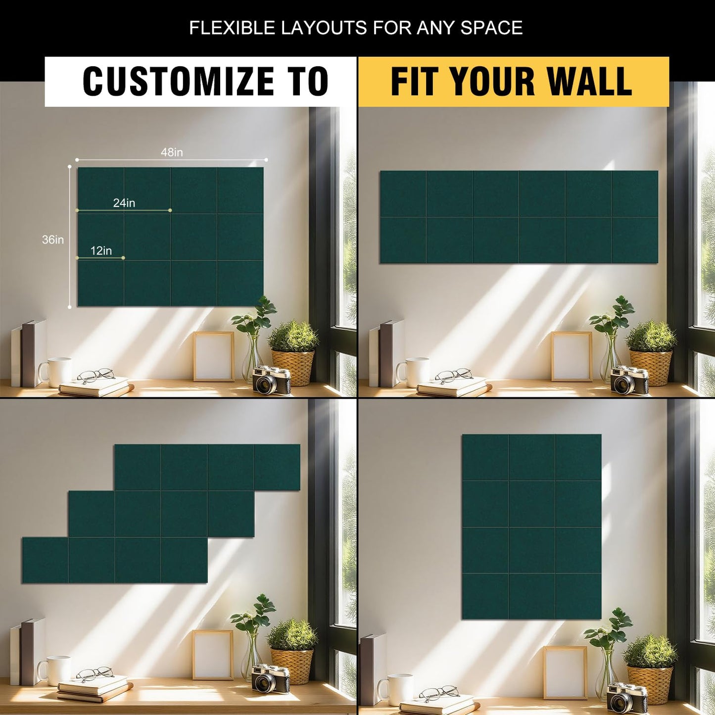 TSJOFFICE Large Cork Board for Wall - 48" x 36" Bulletin Board with 50 Pushpins for Office Decor, Pin Board 12 Pack Felt Wall Tiles with Safe Removable Adhesive Tabs, Corkboard for Home - Dark Green