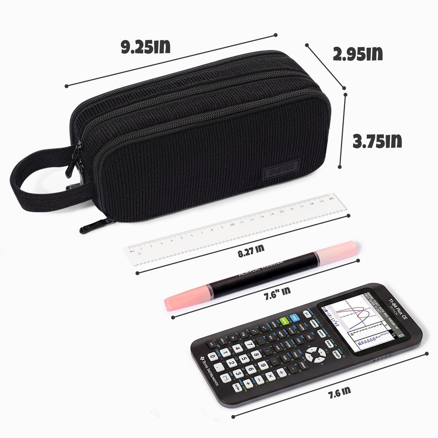 SUNEE Large Capacity Pencil Case with 3 Compartment, Extra Big Pencil Pouch, Pencil Bag with Zipper, Cute Stationery Organizer, Soft Corduroy Pen Box School Supplies for Student Girls Boys, Jet Black