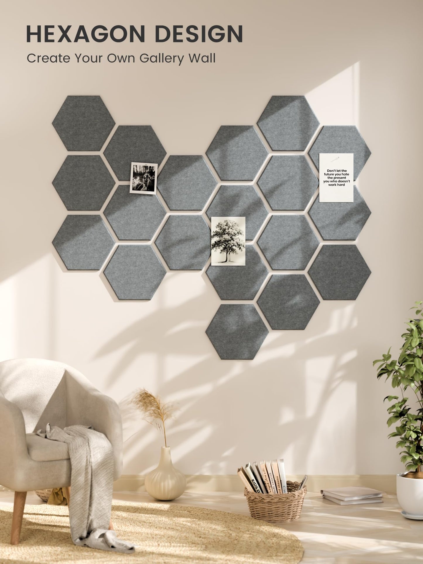 Fluxynara Hexagon Cork Board Alternative for Walls Decor-12-Pack Felt Bulletin Board Tiles,with 30 Pushpins,70 Adhesive Tabs for Office,Classrooms & Home Pin Board Felt Board-Blue Gray