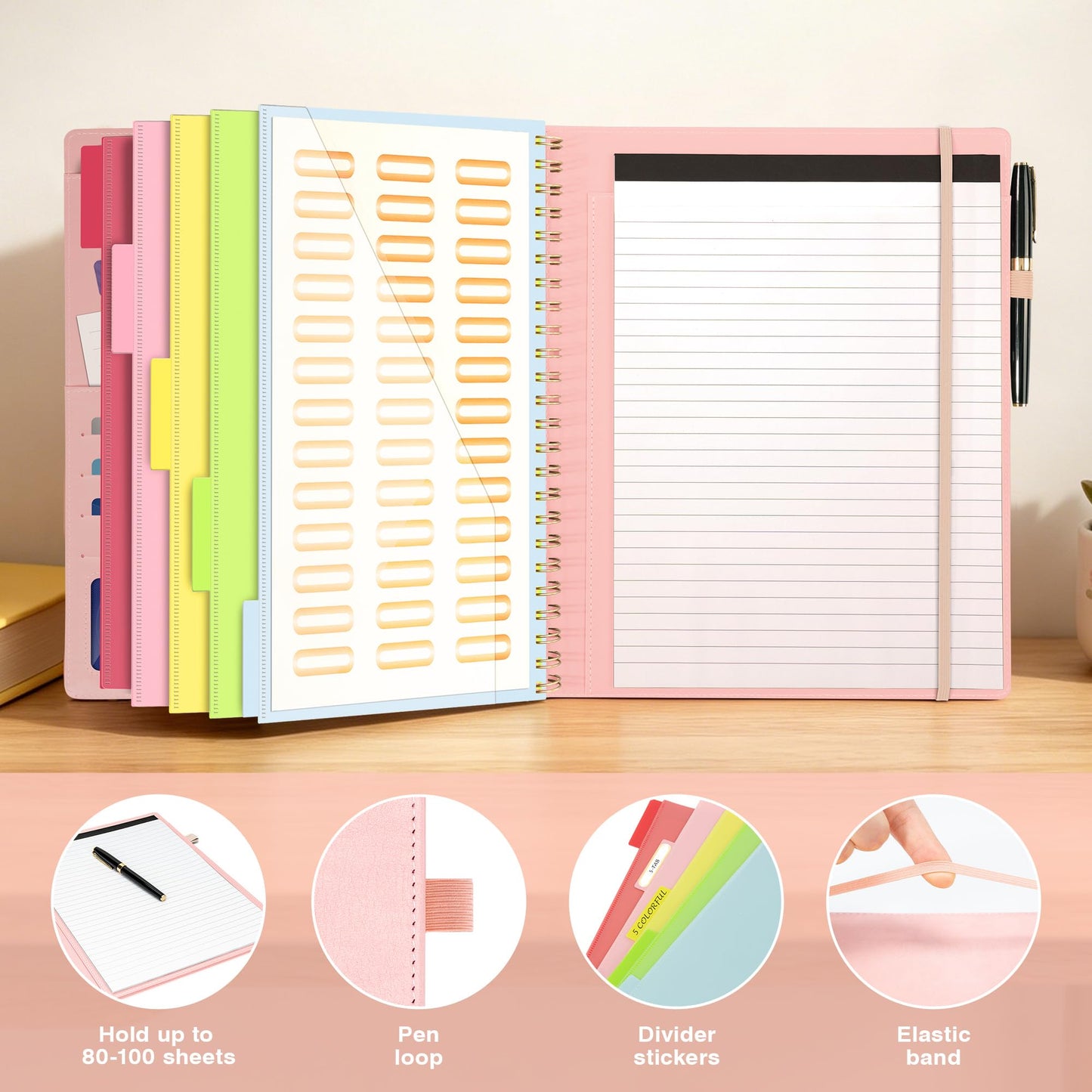 Clipboard with Storage for Men Women, Leather Padfolio Portfolio Organizer 5 Folders with 10 Pockets, Spiral Clipboard Folio with Notepad for Letter Size, Elastic Closure and Pen Loop Pink