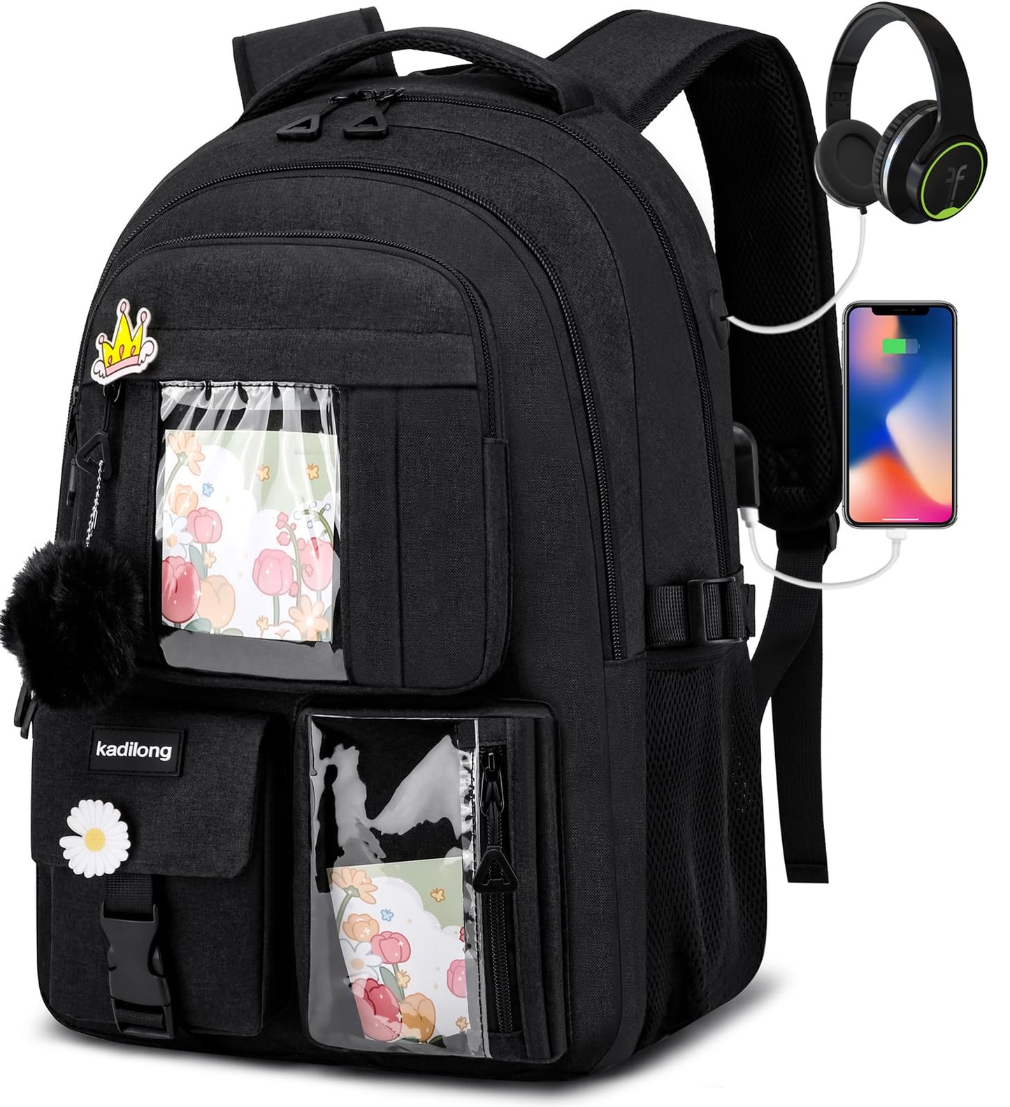 kadilong School Backpacks for Teen Girls Bookbag for Middle School College Students, Cute Backpacks for Women 15.6 Inch Laptop Bag Back Pack School Bag Anti Theft (Black)