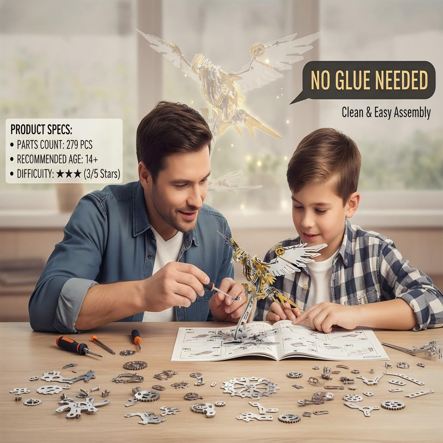 Eagle 3D Metal Puzzles for Adults, 279PCS Stainless Steel DIY Mechanical Metal Model Kits, No Glue Assembly with Movable Joints, Challenging Metal Building Kit Desk Decor Gift(Golden Silver Eagle)