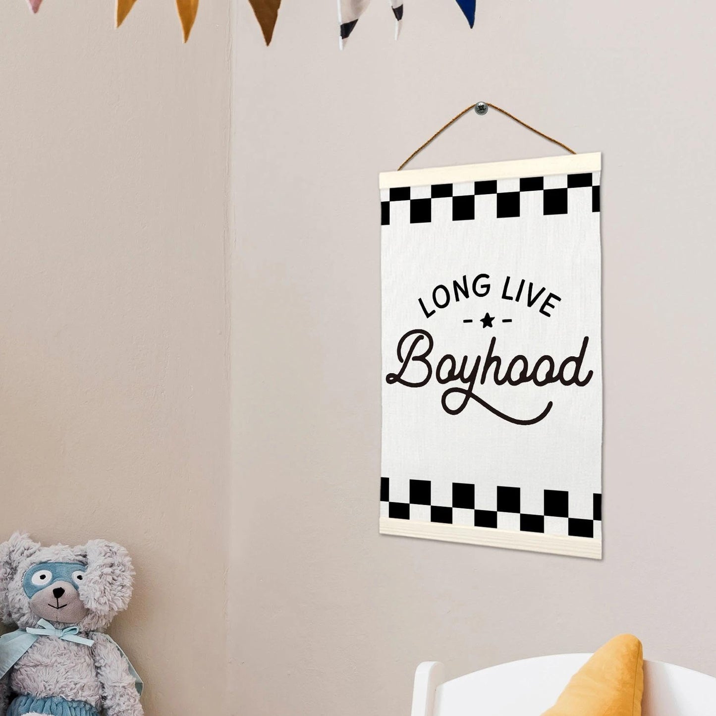 LKETW Long Live Boyhood Poster Hanger Frame 12x16 Inch, Race Car Boy Nursery Wall Art Posters for Playroom, Black and White Checkered Hanging Banner Decor for Toddler Boy Nursery Room Bedroom