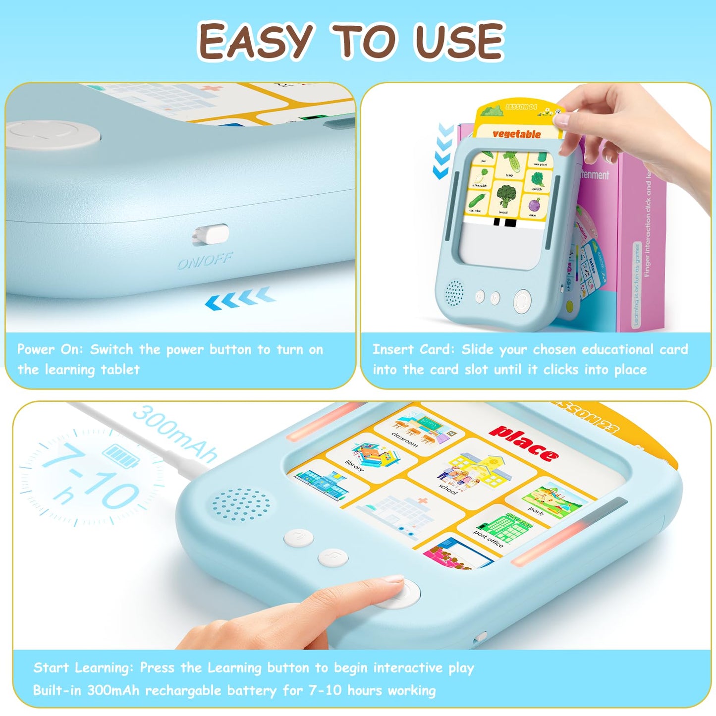 Interactive Educational Learning Tablet Toy for Kids,Screen-Free Phonics Learning Toy with 30 Flash Cards for Alphabets, Numbers, Words, Animals, Learn to Read for Boys Girls 3-5 Years Old, Blue